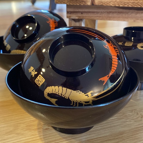 Dining | Vintage Japanese Black Lacquer Rice Bowls Wlids Set Of 5 Made ...